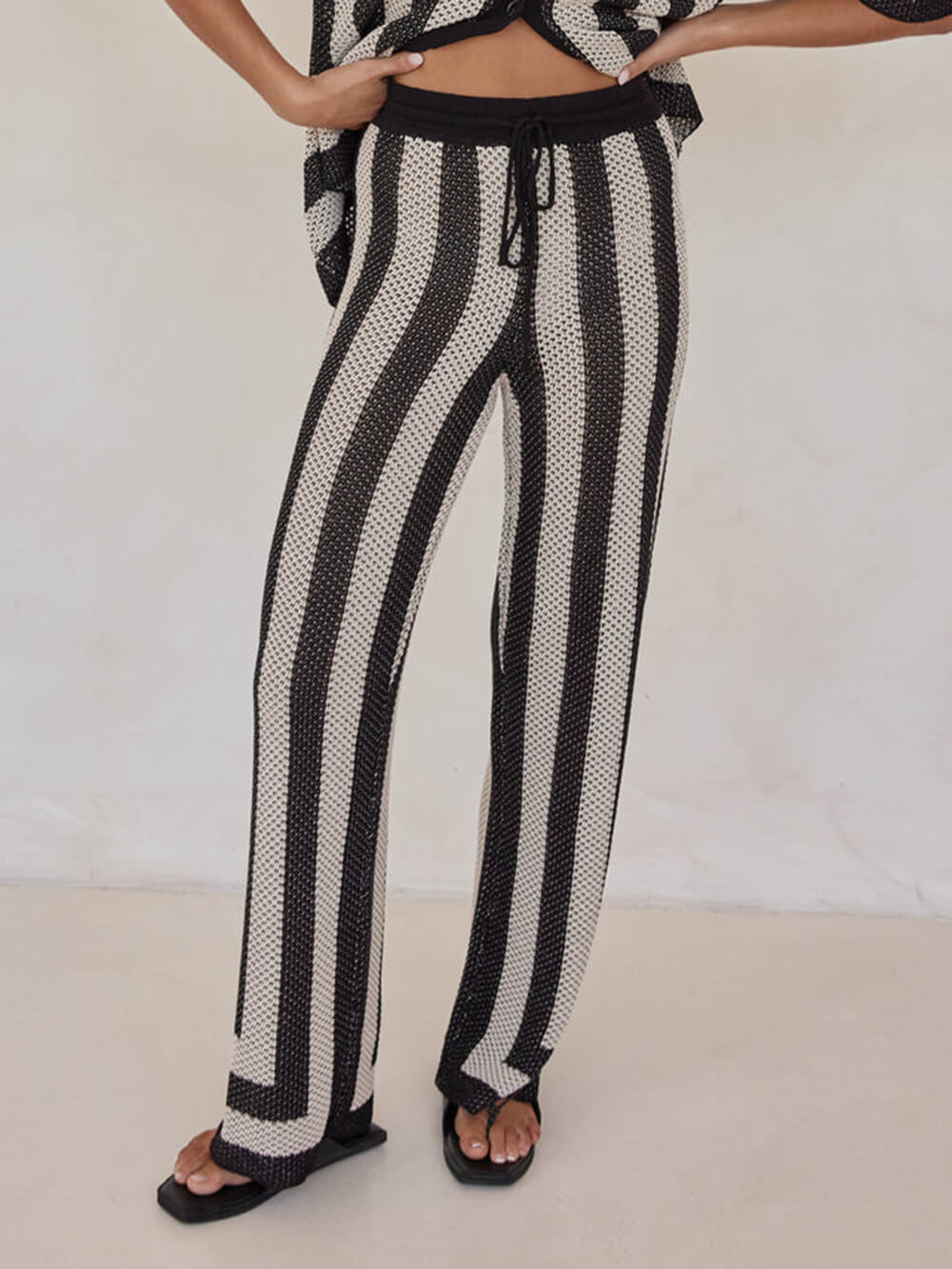 Black And Sand Striped Knit Pants