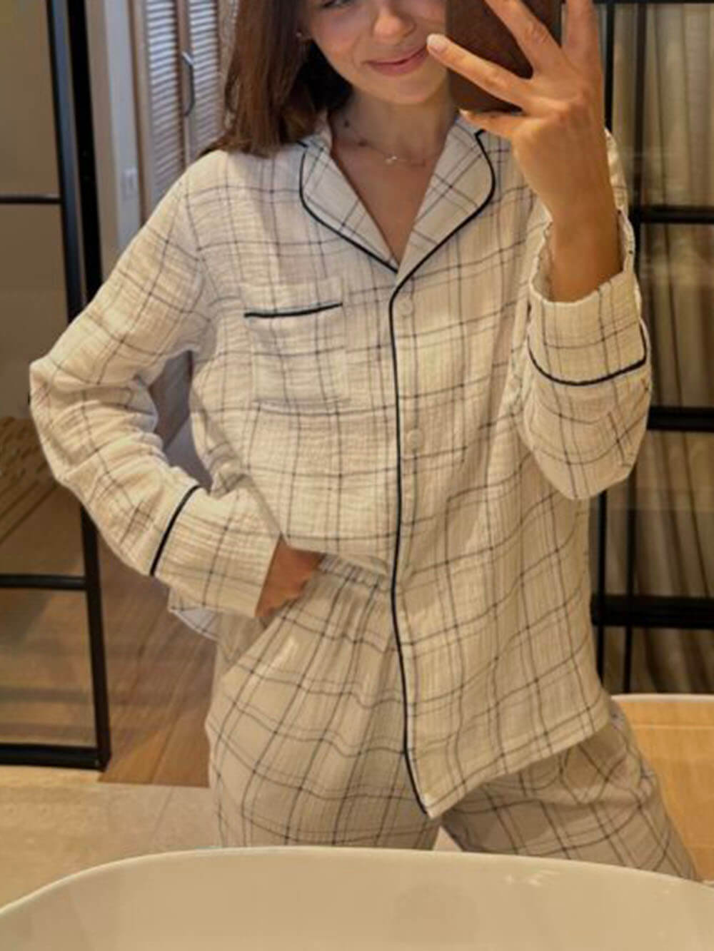 Conjunto de pijama xadrez solto patchwork