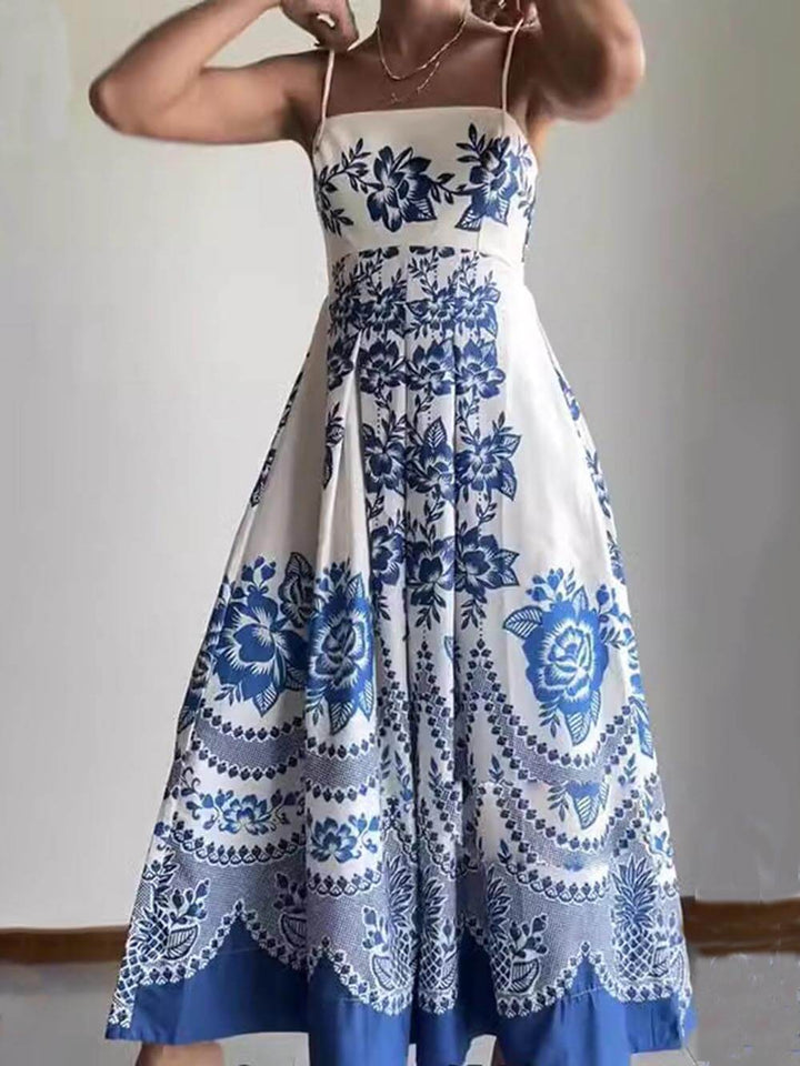 Losse midi-jurk met bloemen-etnische print op de rug en gesmokt