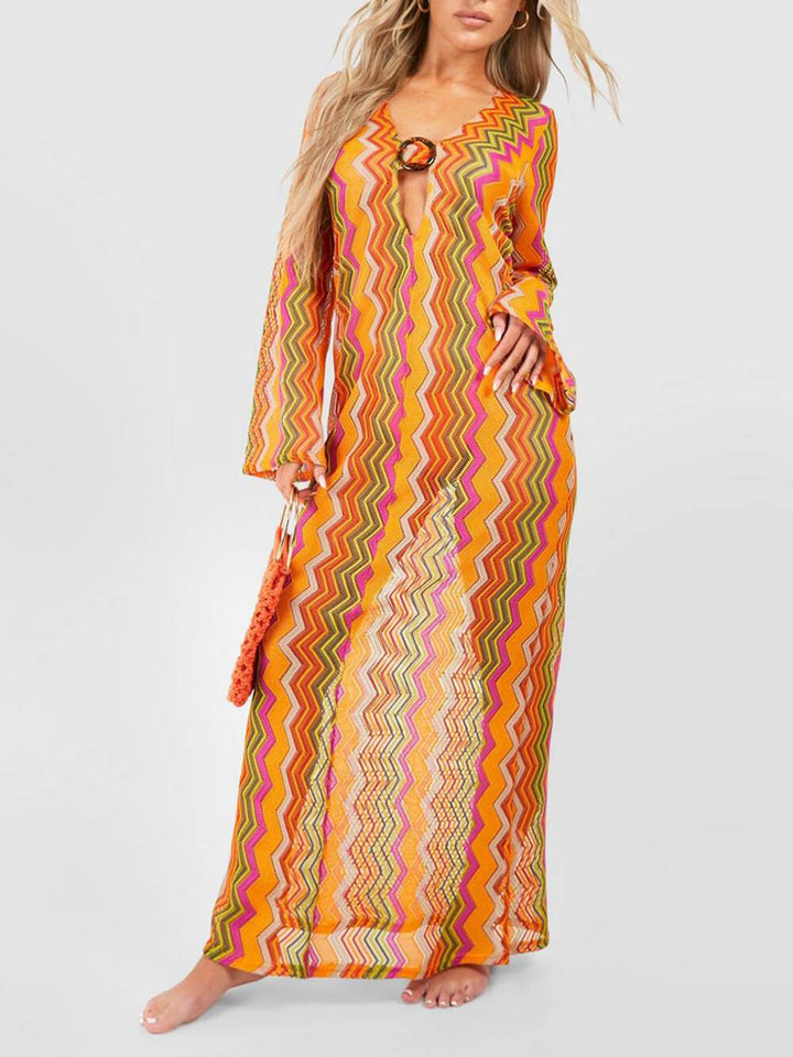 Orange Soda Stripe Print O-Ring Long Sleeve Beach Maxi Dress