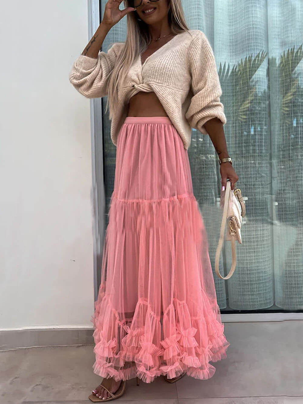 Elegant Tulle Stretch Waist Paneled Pleated Maxi Skirt