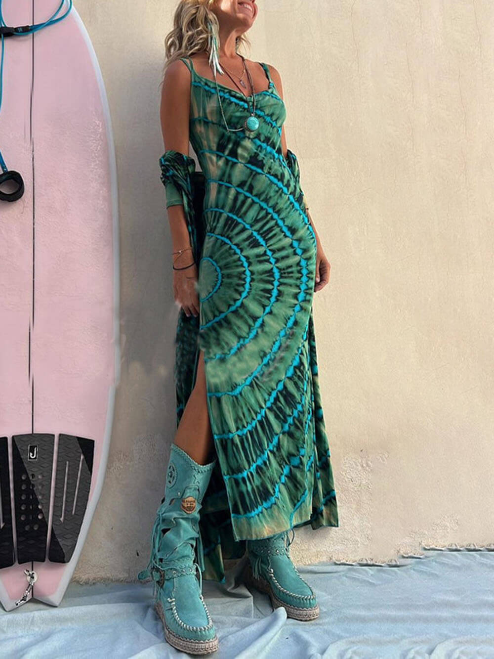 Midi-jurk met split en boho tie-dye-print