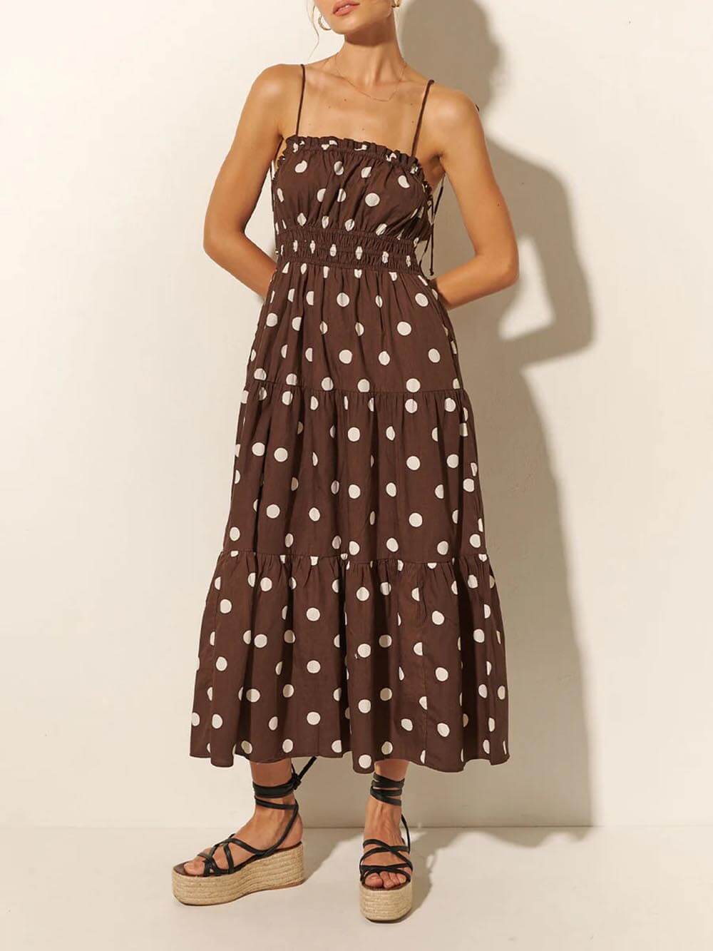 Chocolate And Ivory Polka Dot Print Pleated Elastic Strap Dress