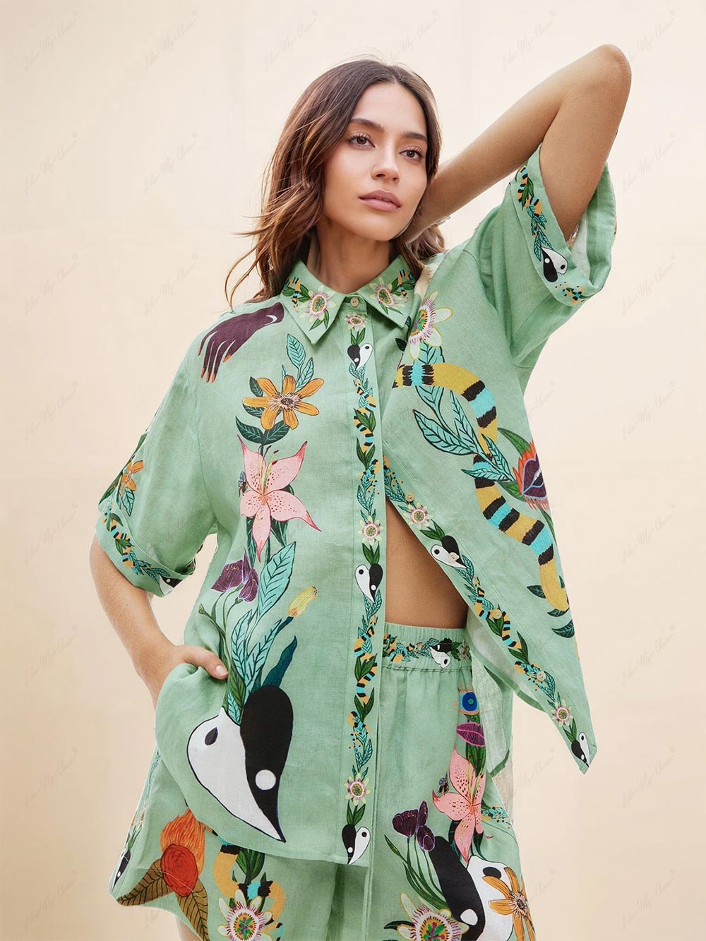 Unique Ethnic Print Loose Shirt And Shorts Two-Piece Set