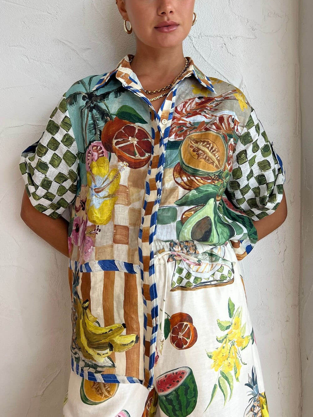 Košile s potiskem tropického ovoce Oblek s elastickým pasem a širokými nohavicemi