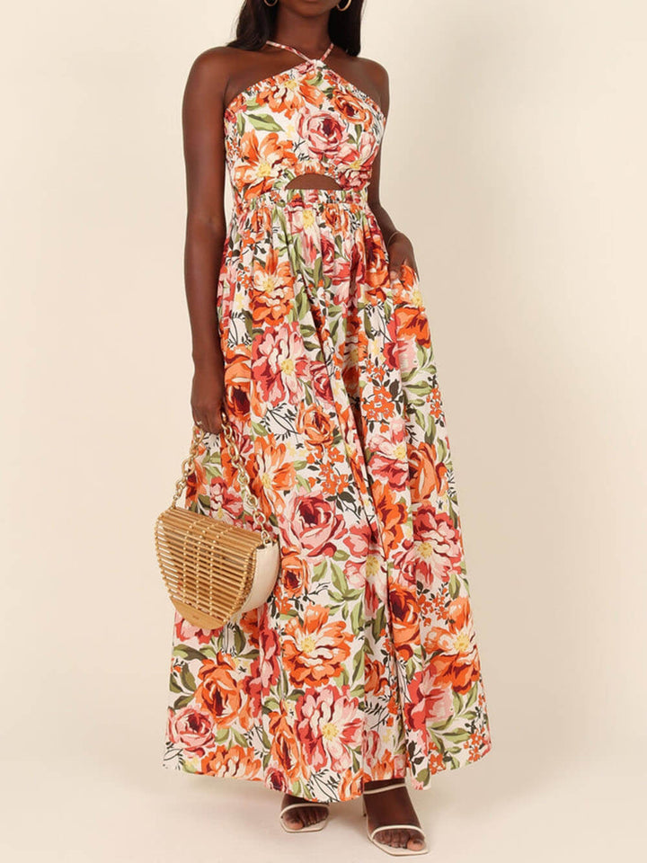 Summer Time Floral Print Backless Halterneck Maxi Dress