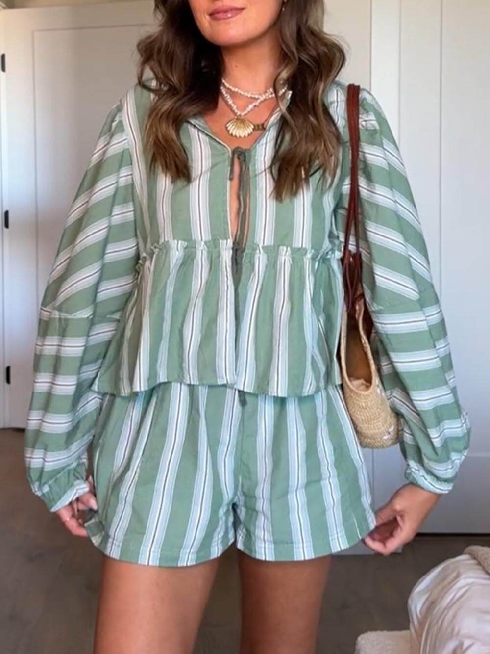 Loose Patchwork Striped Printed Shirt And Shorts Set