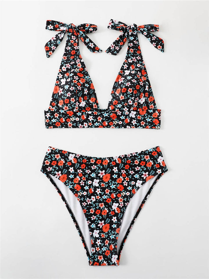 Set bikini floreale sexy con bottoni e cinturino stampato