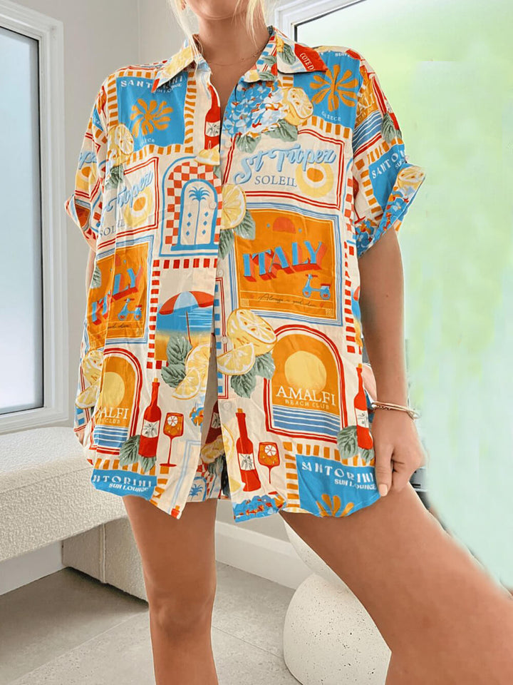 Set mit lockeren, bedruckten Hemd- und Shorts für Sonnenliegen