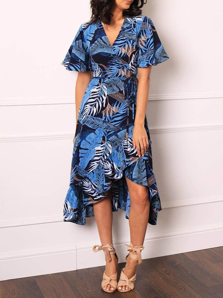 Palm Leaf Print Wrap Over Midi-kjole
