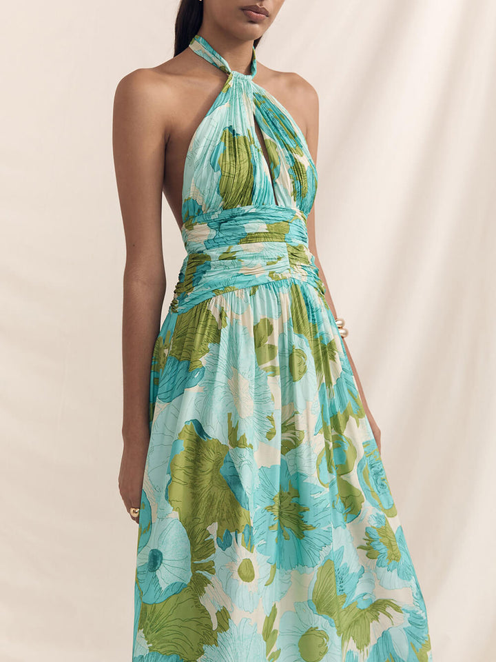 Elegant Versatile Halter Neck Printed Pleated Maxi Dress
