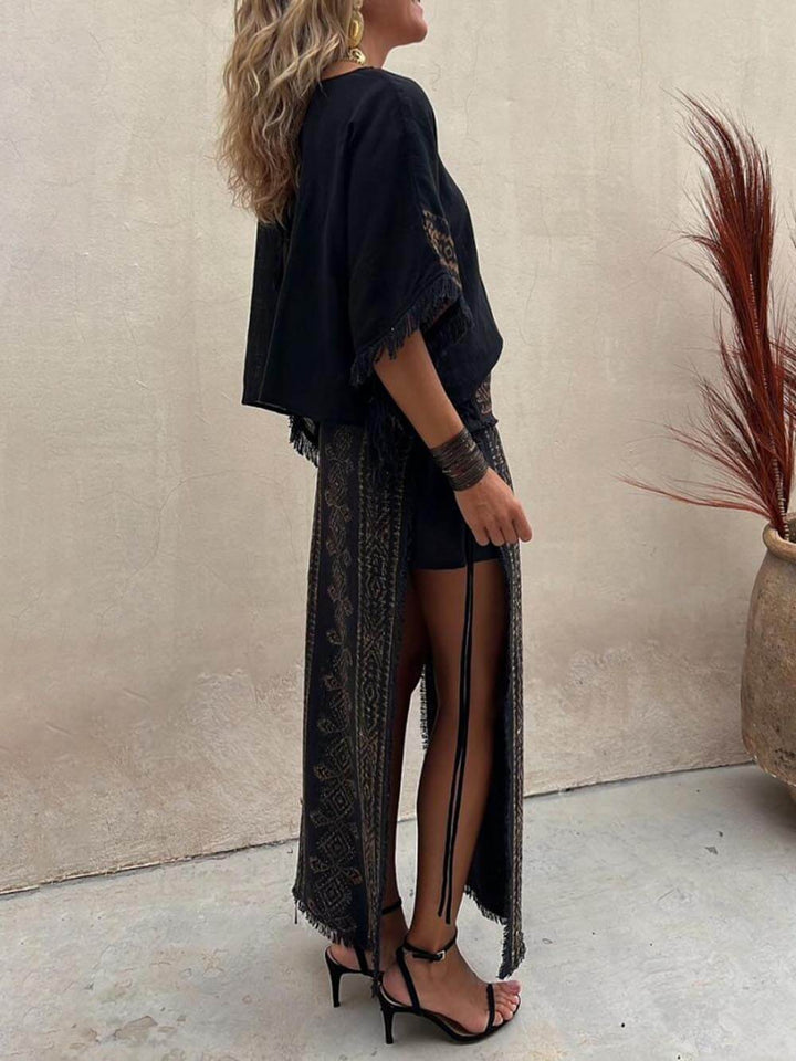 Ethnic Print Patchwork Side Lace-Up Maxi Skirt