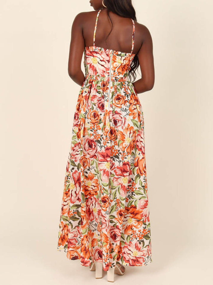 Summer Time Floral Print Backless Halterneck Maxi Dress