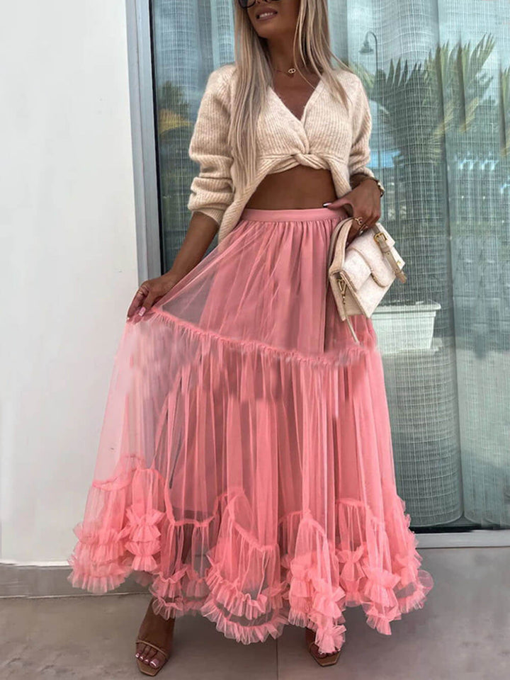 Elegante Tulle Stretch Taille Paneled Pleated Maxi Rock
