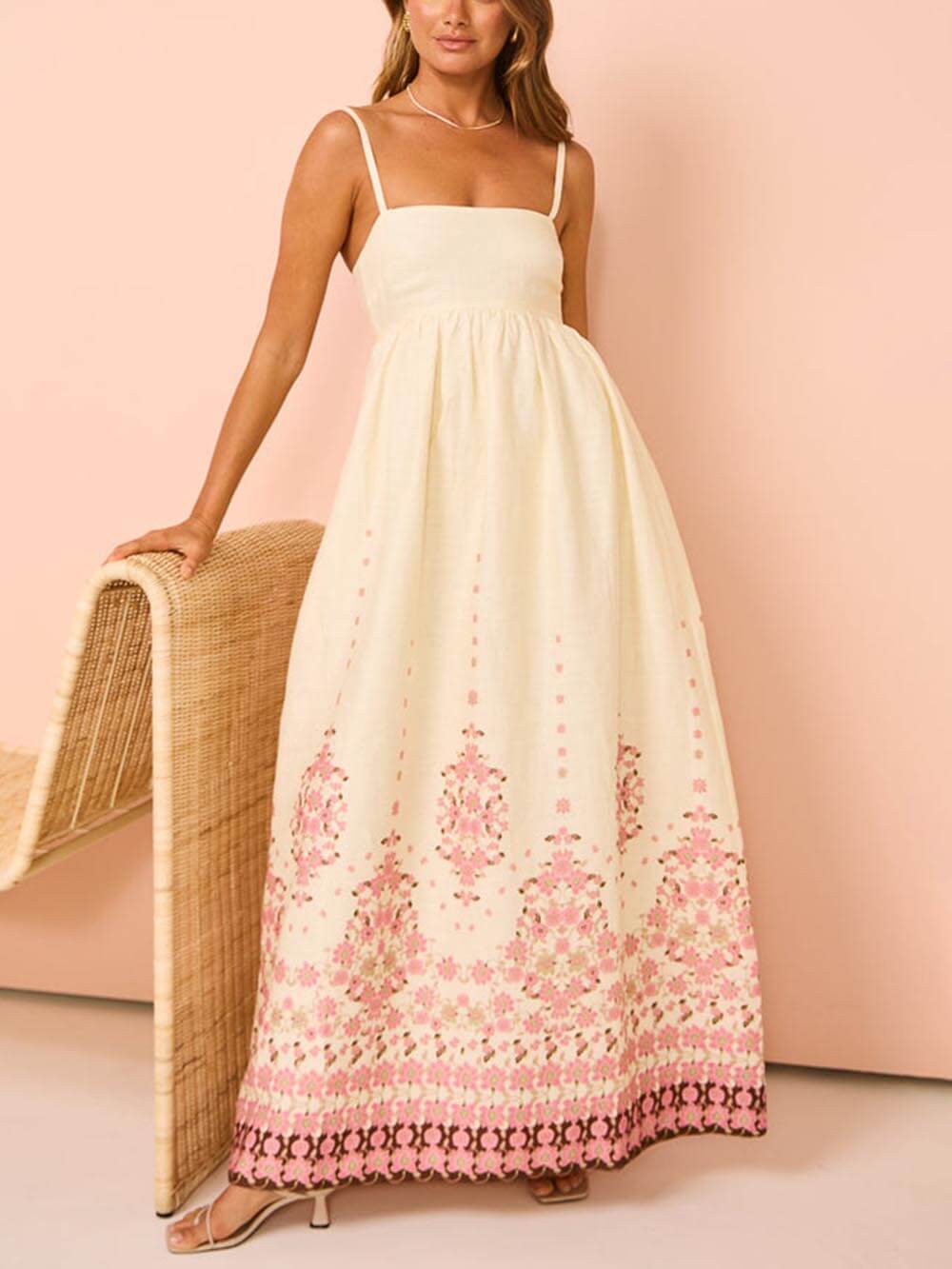 Etnisk trykk Halter Cream Extra Maxi Dress