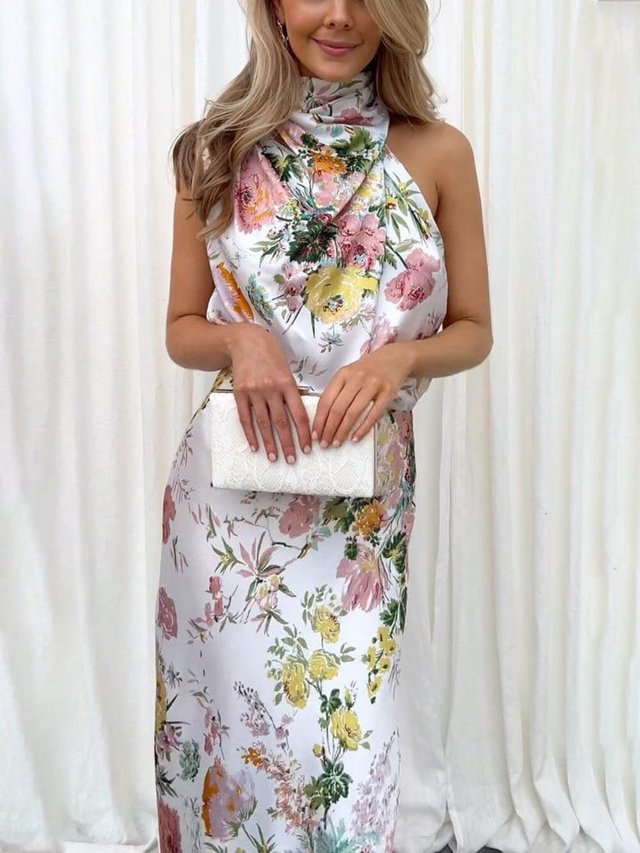 Floral Halter hals elastisk talje maxi kjole