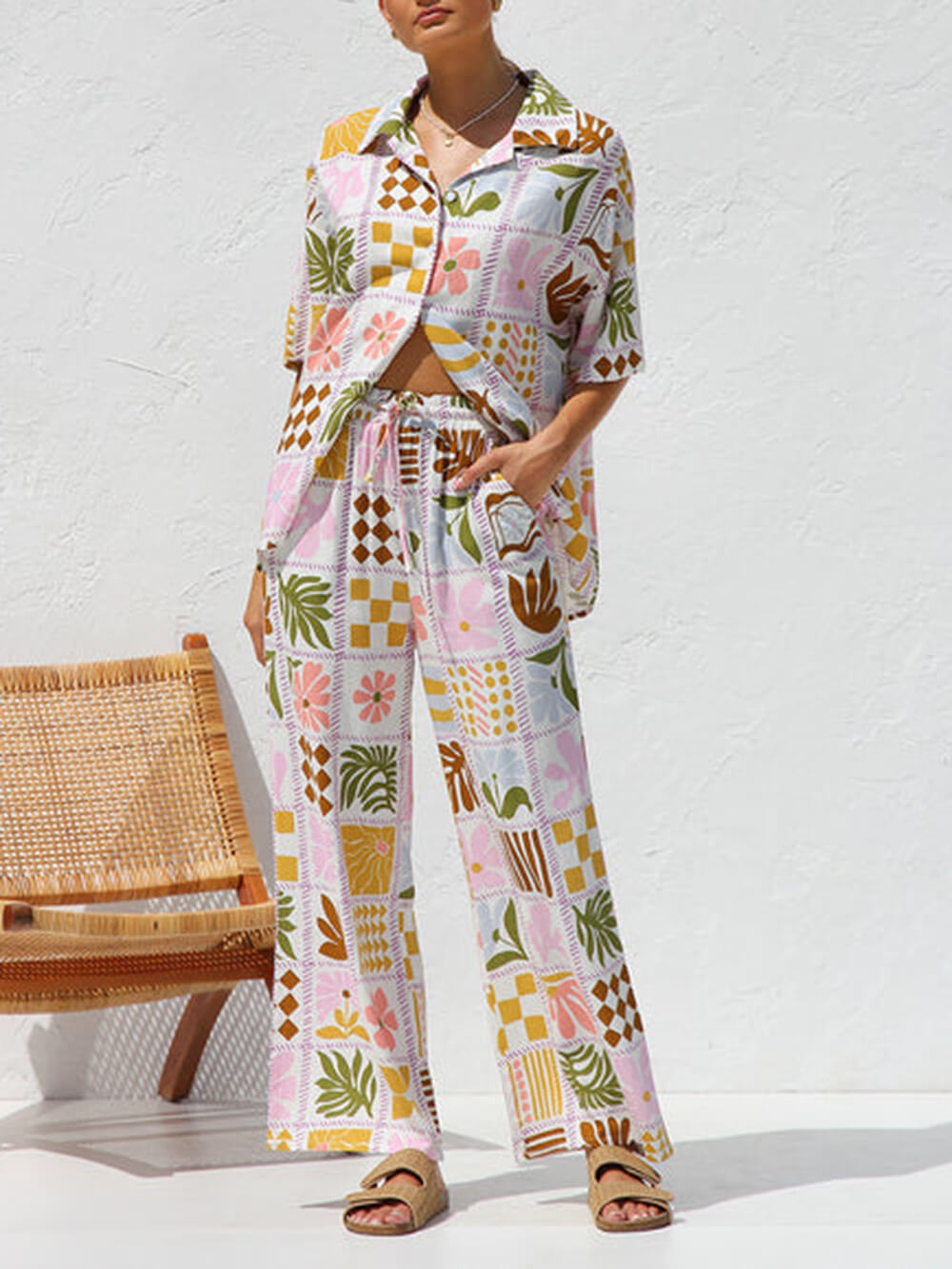 Multicolor Printed Casual Holiday Ethnic Style Top Wide Leg Pants Suit