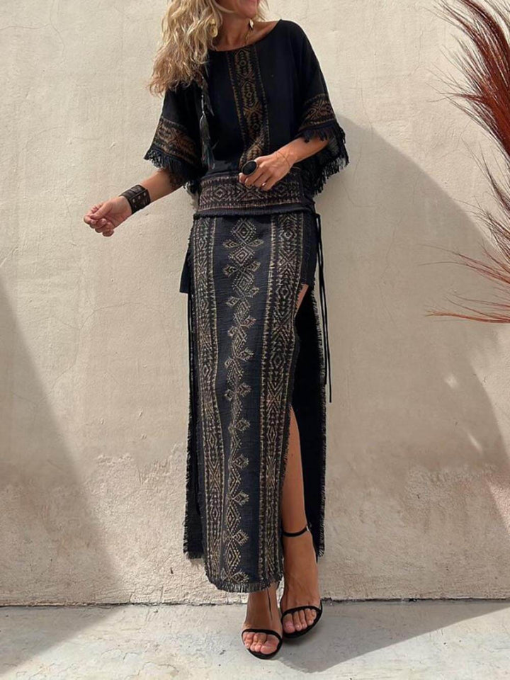 Etnisk print patchwork Maxi-nederdel med snørebånd
