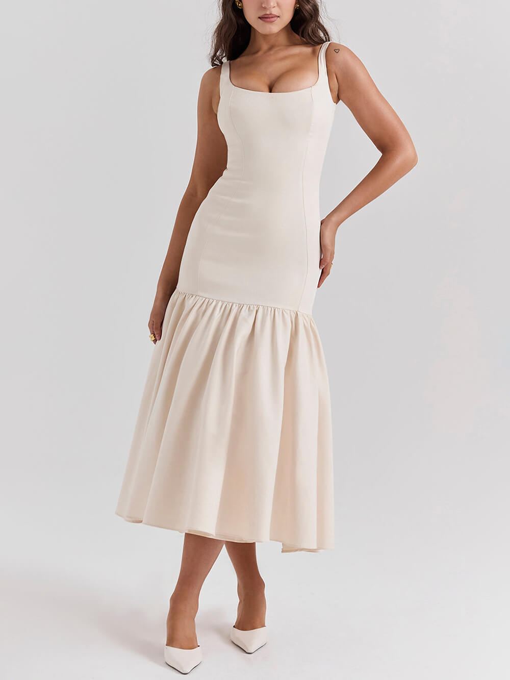 Graceful Square Neck Wide Strap Drop Taille Midi Kleed