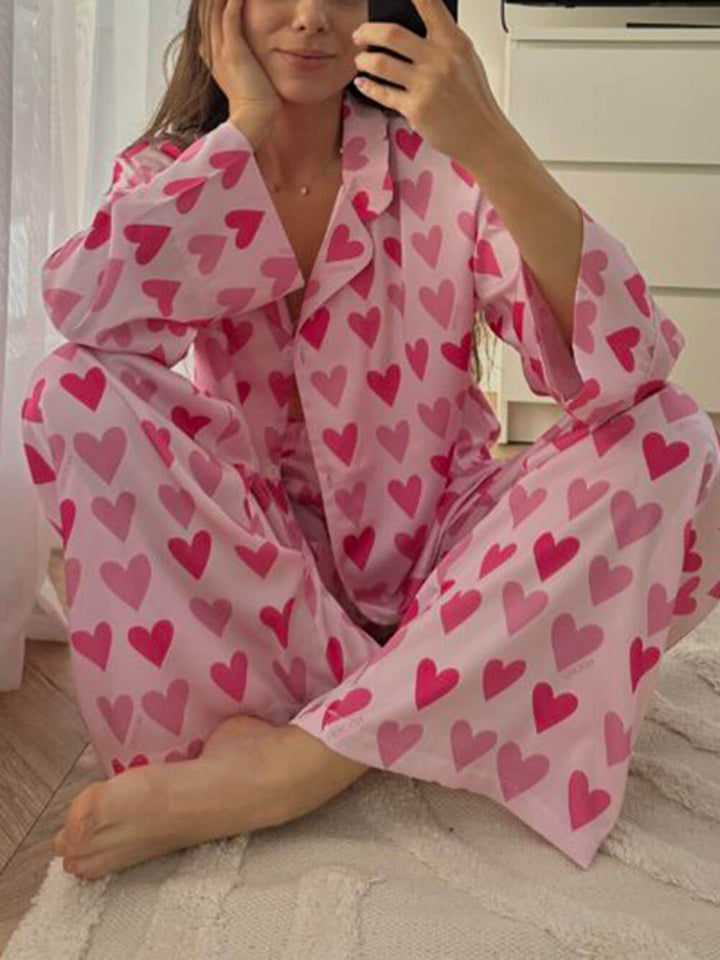 Heart-Shaped Printed Loose Patchwork Pajama Set