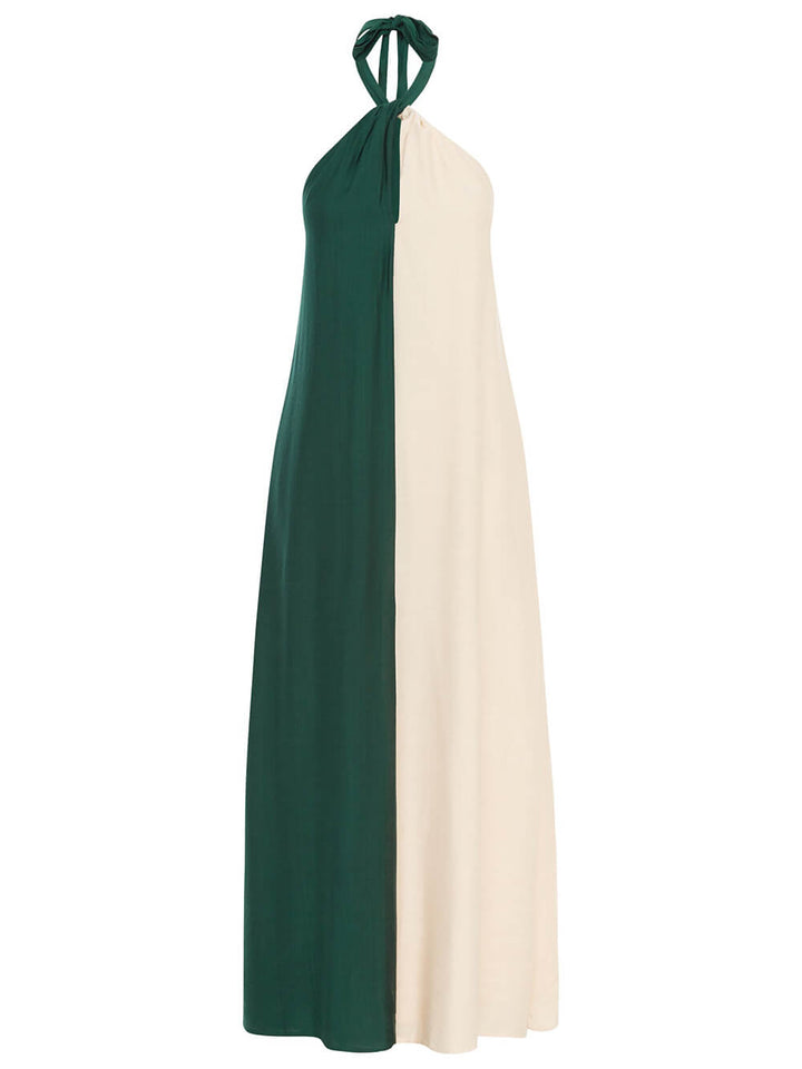 Hengende hals, dristig kontrastfarge Halter-lommet A-Line Maxi-kjole