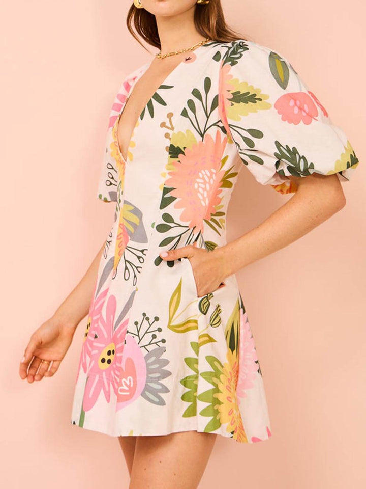 Floral Print Puff Sleeve Pocketed Mini Dress