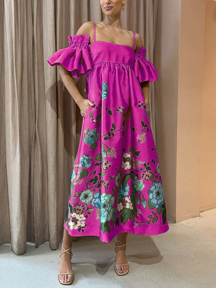 Ringblomst-trykt A-Line midi-kjole med rynket ermer