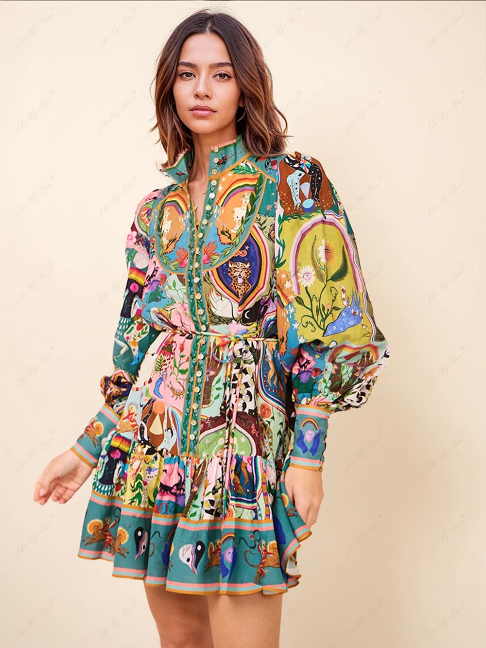 캐주얼 그래피티 에버그린 프린팅 미니 드레스