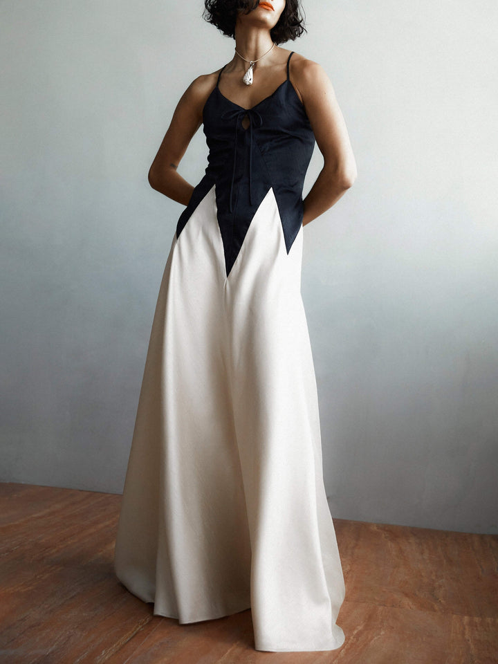 Fashion Contrasting Stitching Slim Suspender Maxi Dress