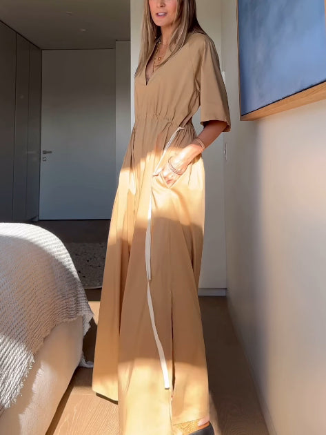 Unique And Chic Drawstring Waist Shirt-Style Maxi Dress