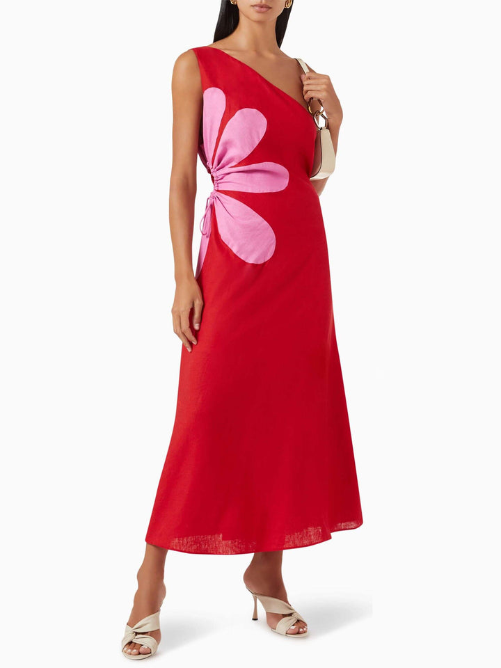 Positioned Floral Print Off-Shoulder Midi Dress