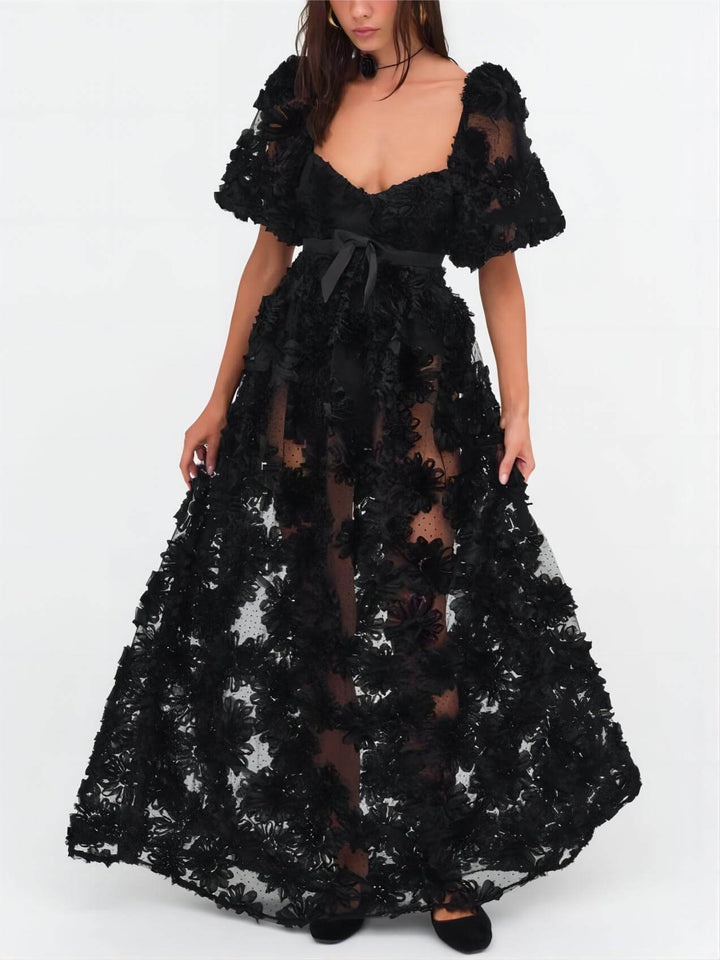 퍼프 슬리브 3d 플로럴 맥시 드레스