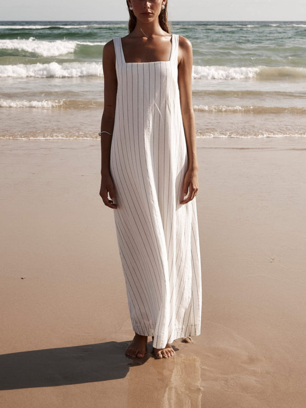 White With Charcoal Pinstripe Maxi Dress