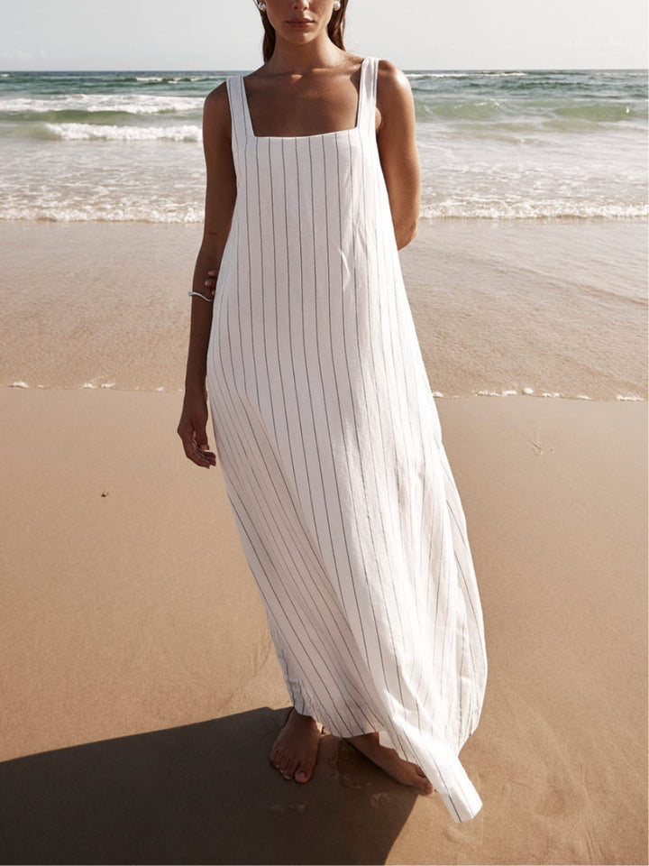 White With Charcoal Pinstripe Maxi Dress