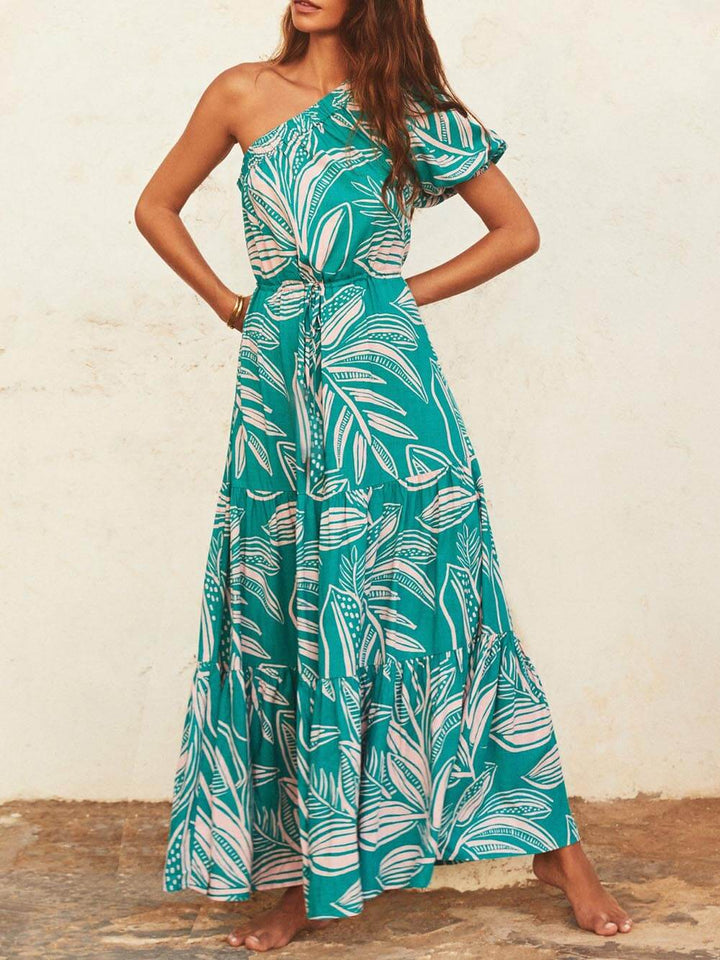Palm Leaf Print Off-Shoulder Holiday Style Floral Dress