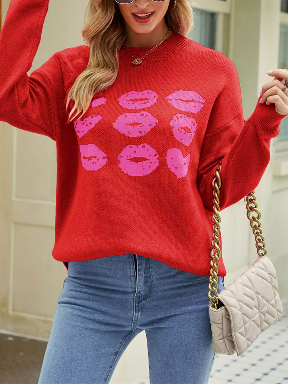 Sweter z dzianiny w kształcie serca walentynkowe usta