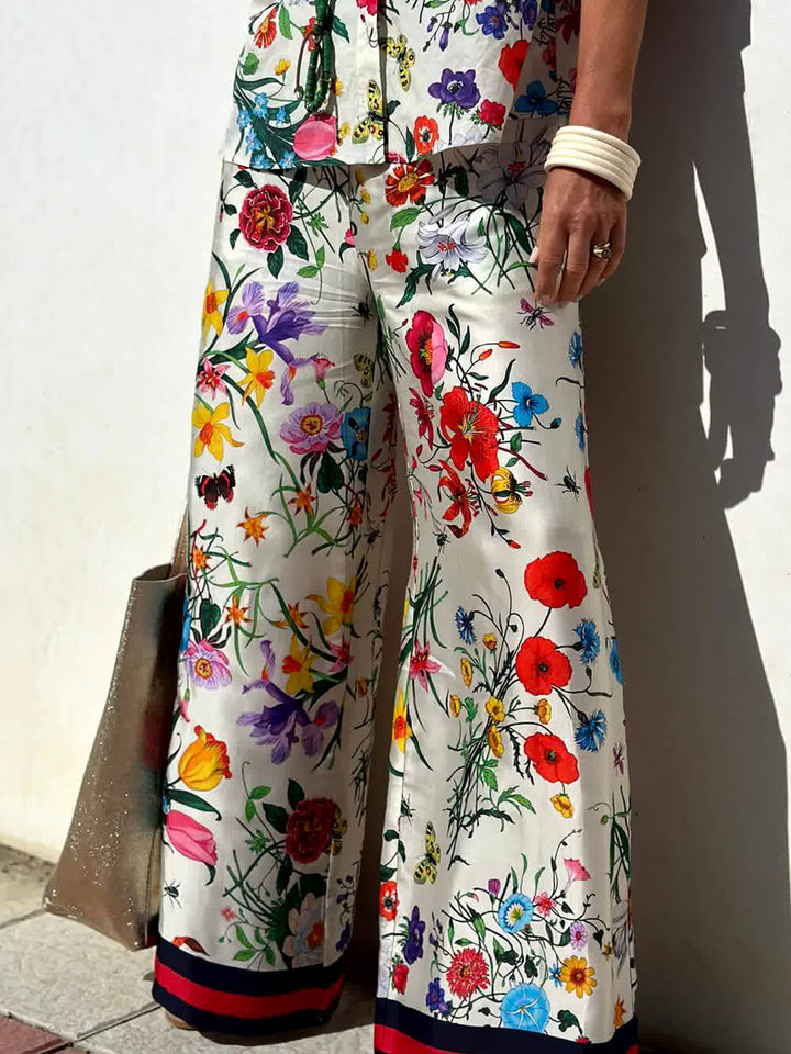 Floral Unique Print Elastinen vyötärö taskulliset leveät housut
