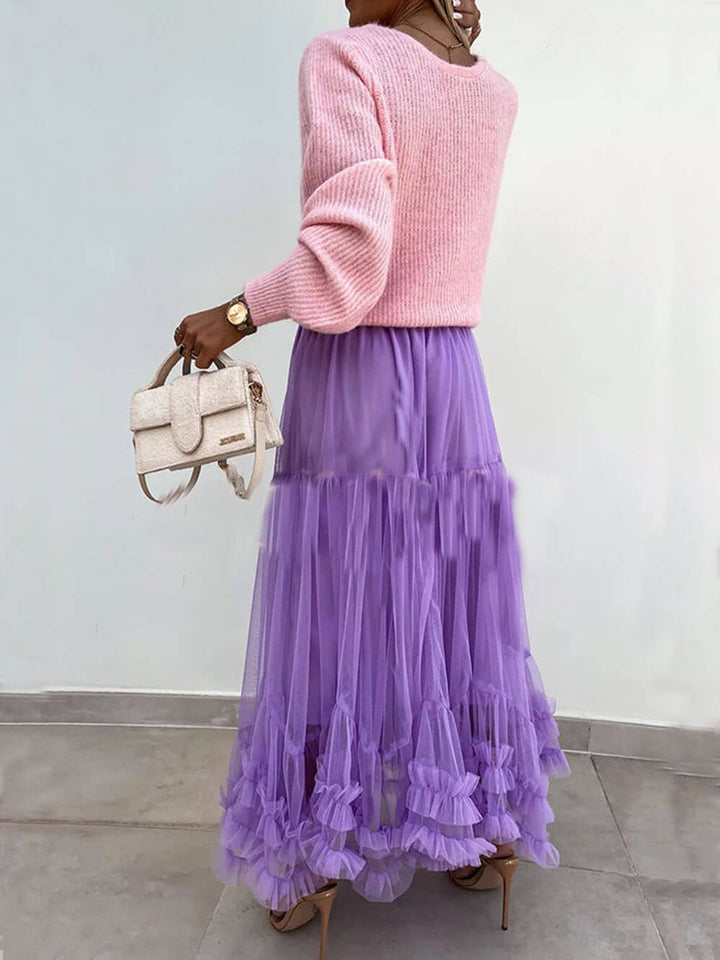 Elegant Tulle Stretch Waist Paneled Pleated Maxi Skirt