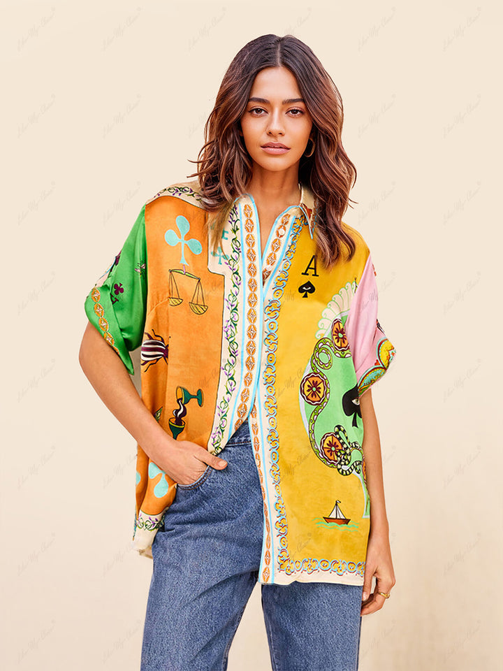 Funny Summer Unik Print Button Down Oversized Bluse