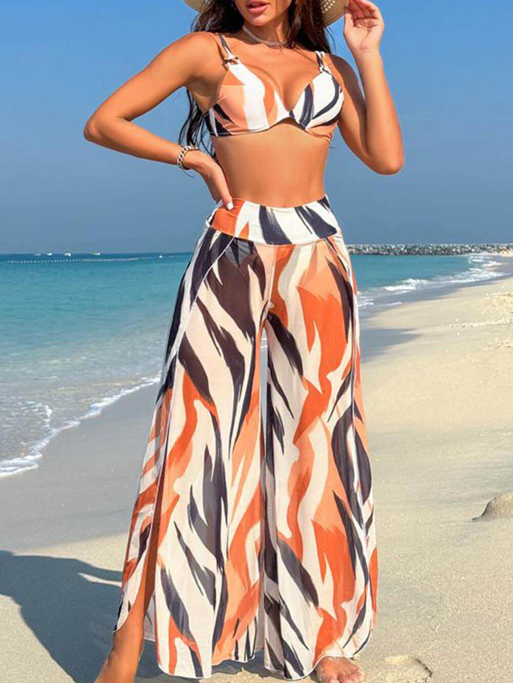 Trzyczęściowy zestaw spodni bikini z nadrukiem na wakacje na plaży