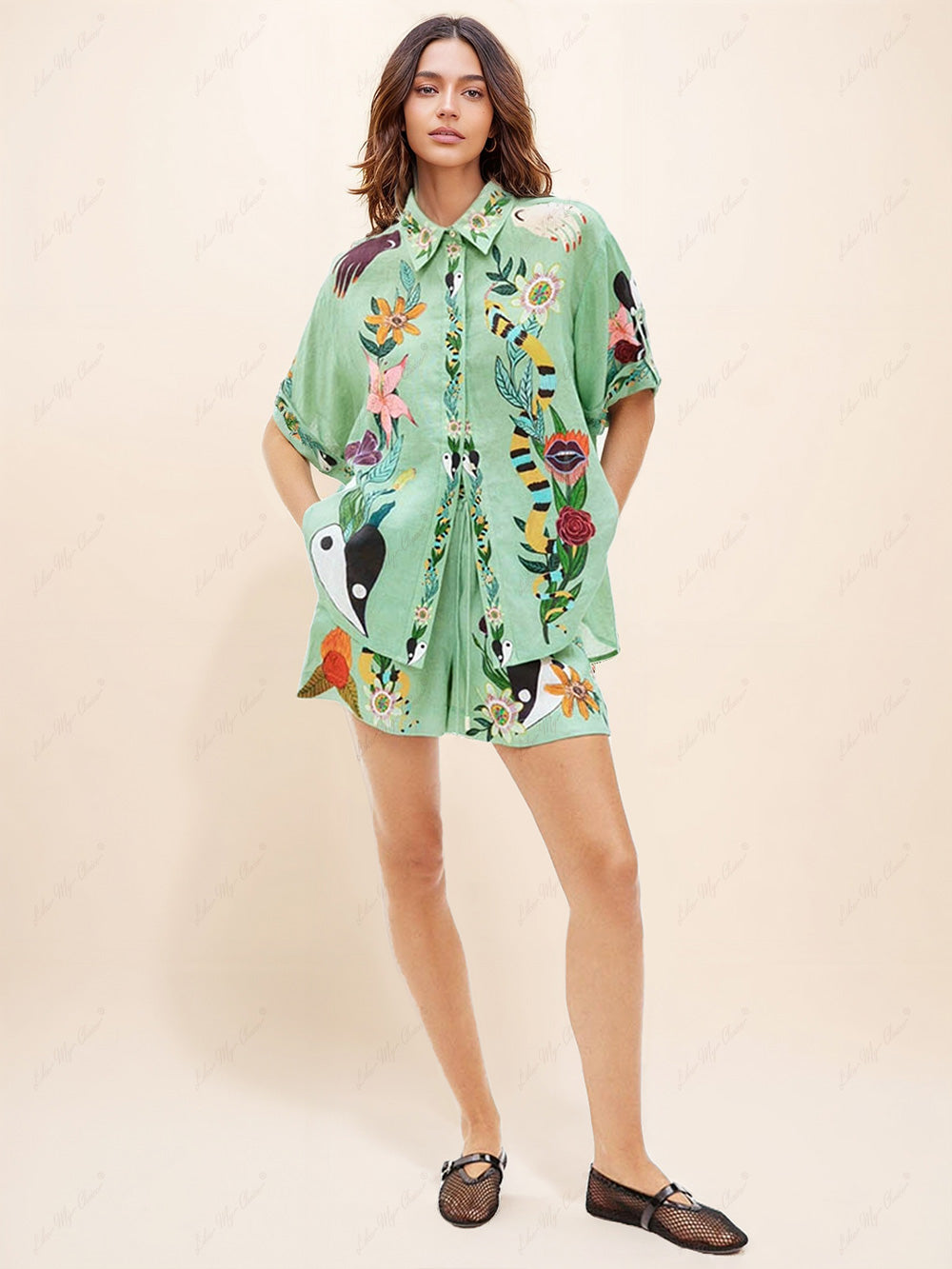 Unique Ethnic Print Loose Shirt And Shorts Two-Piece Set
