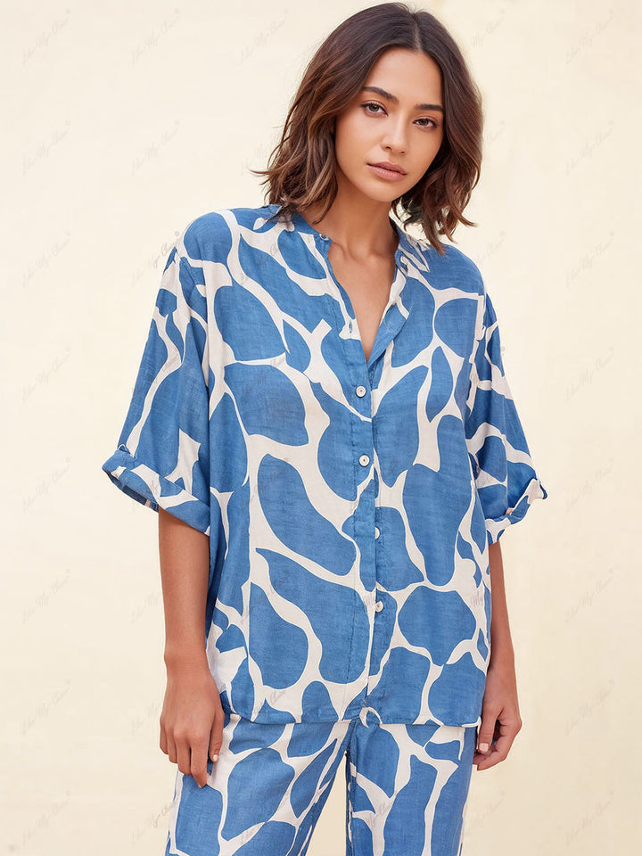Striped Pattern Blue And White Printed Loose Shirt