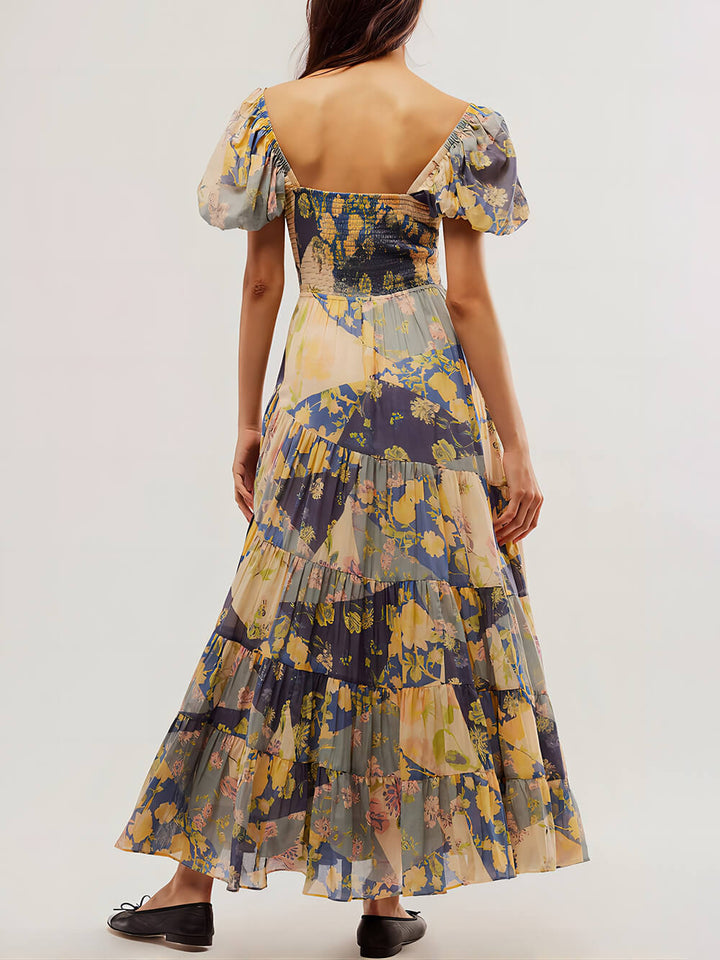 Piękna, plisowana, bufiasta sukienka maxi z krótkim rękawem i słońcem