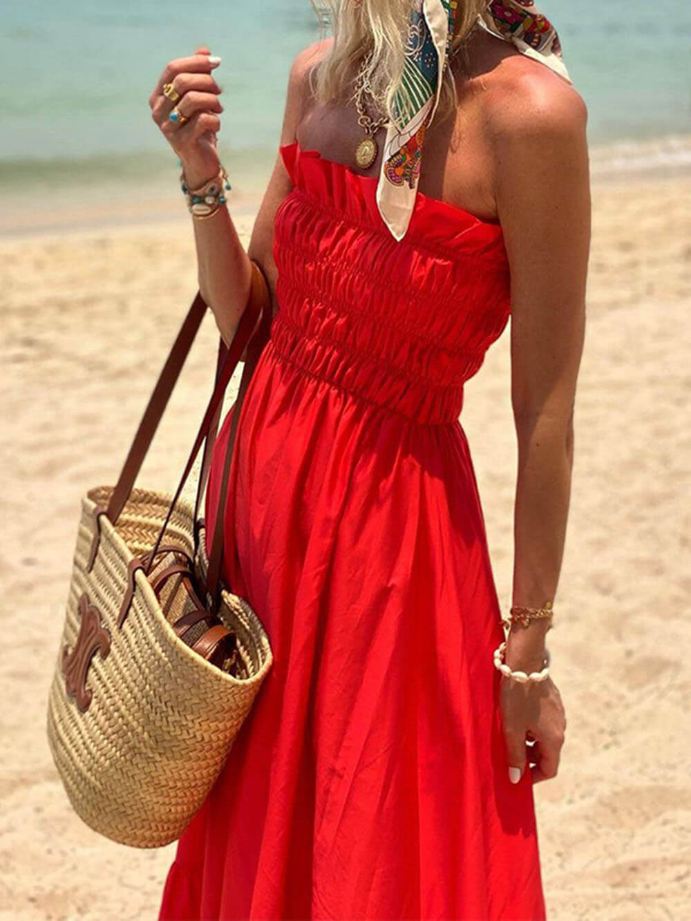 Smocked Bust Off Shoulder Vacation Maxi Dress