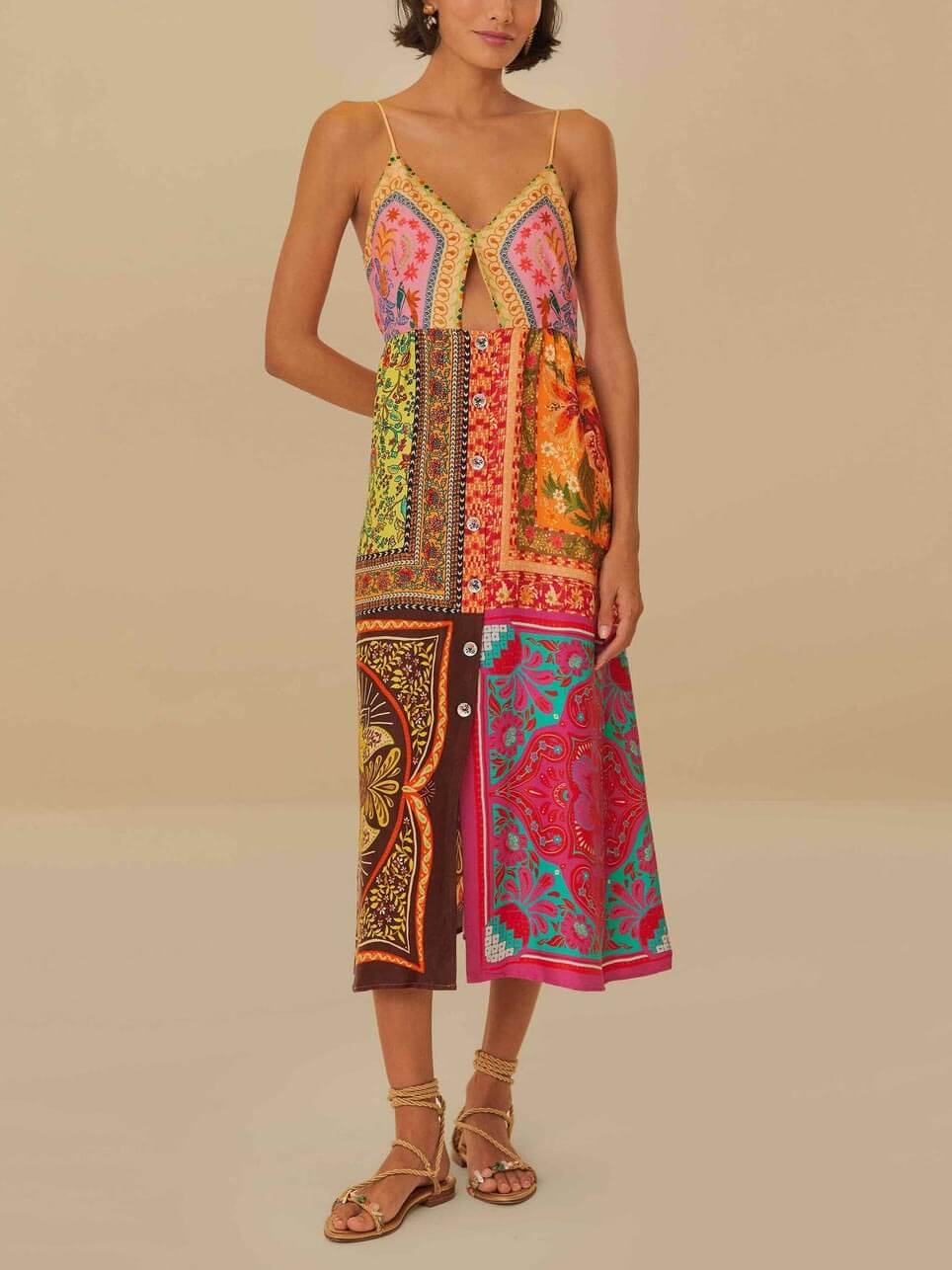 Μίντι φόρεμα Bohemian Print Strap με V λαιμόκοψη