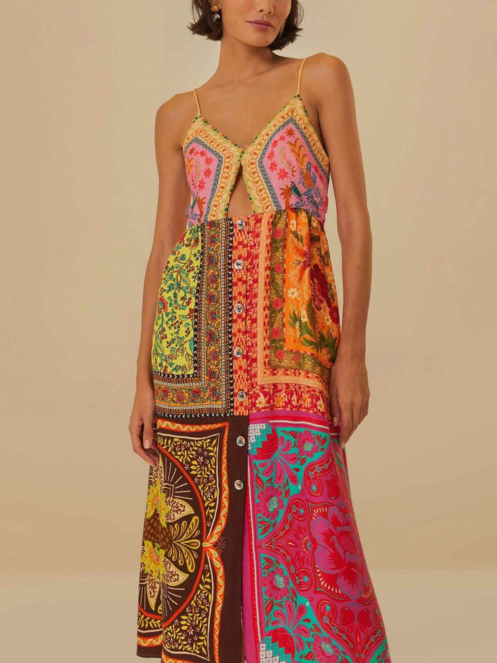 Midi-jurk met V-hals en bandjes met Boheemse print