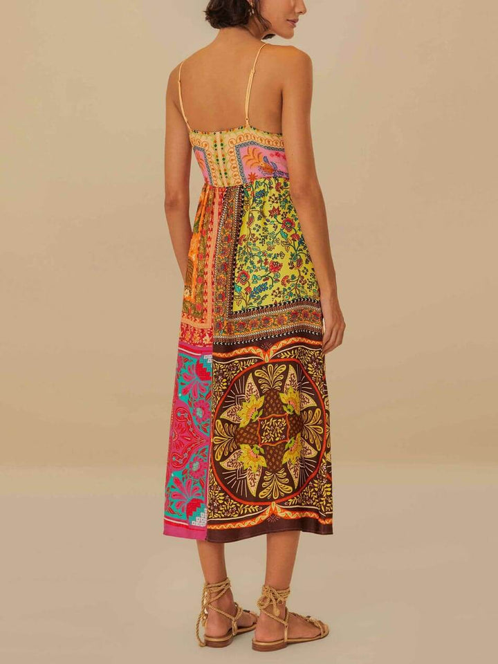 Midi-jurk met V-hals en bandjes met Boheemse print