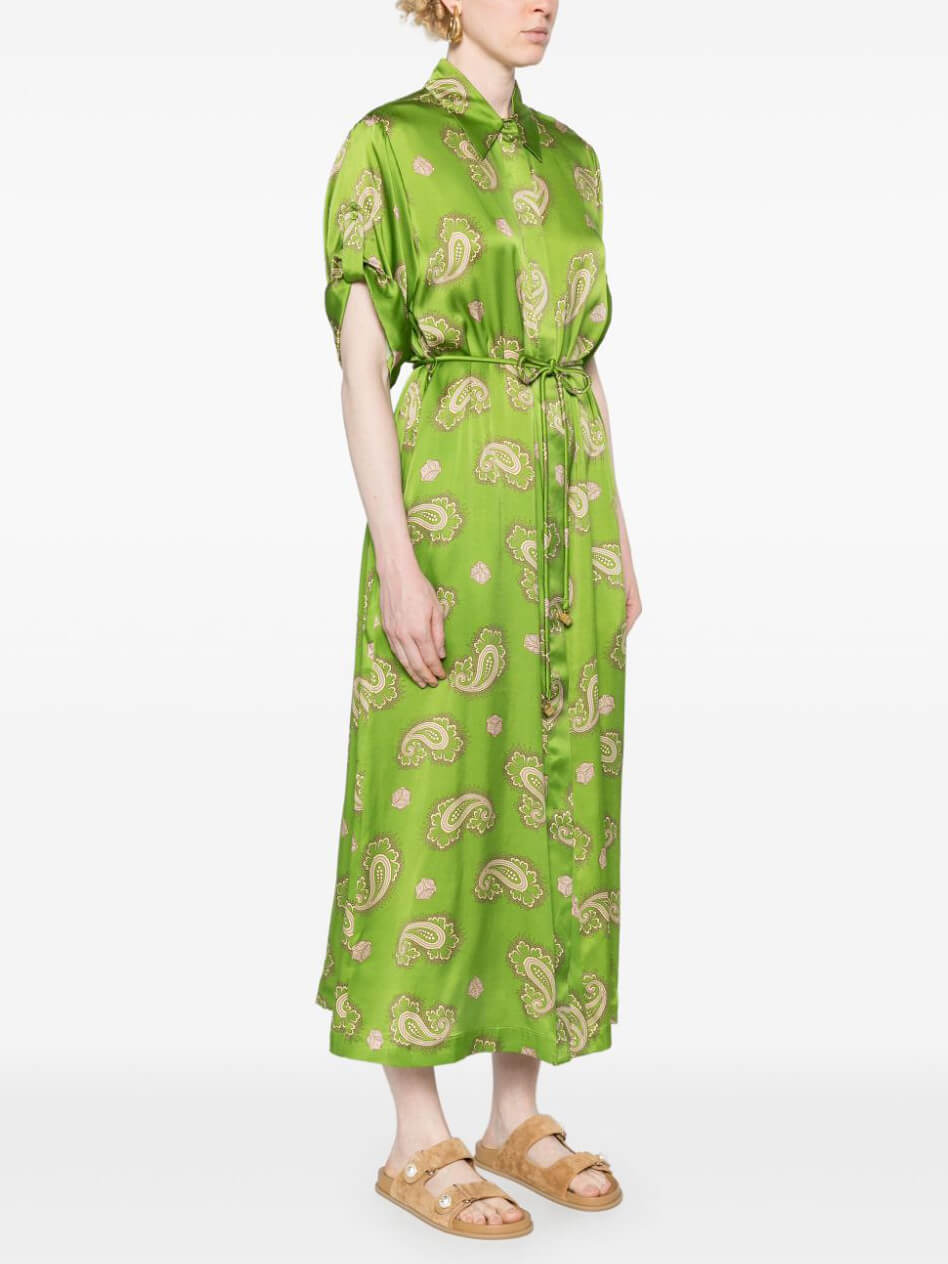 절묘한 새틴 페이즐리 프린트 타이 미디 드레스