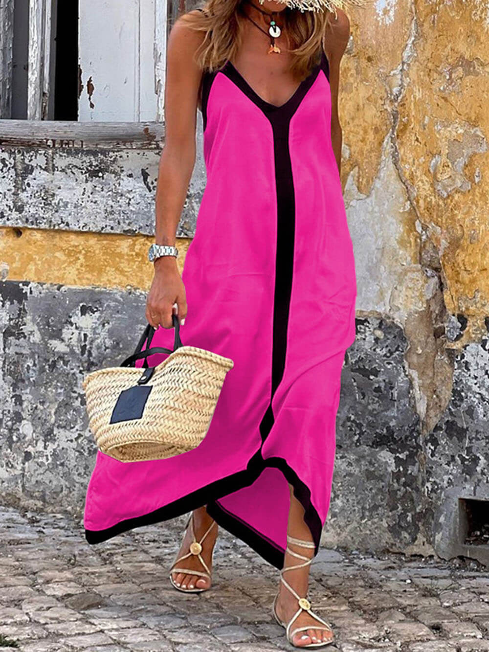 Sukienka midi z szelkami w bloki kolorów