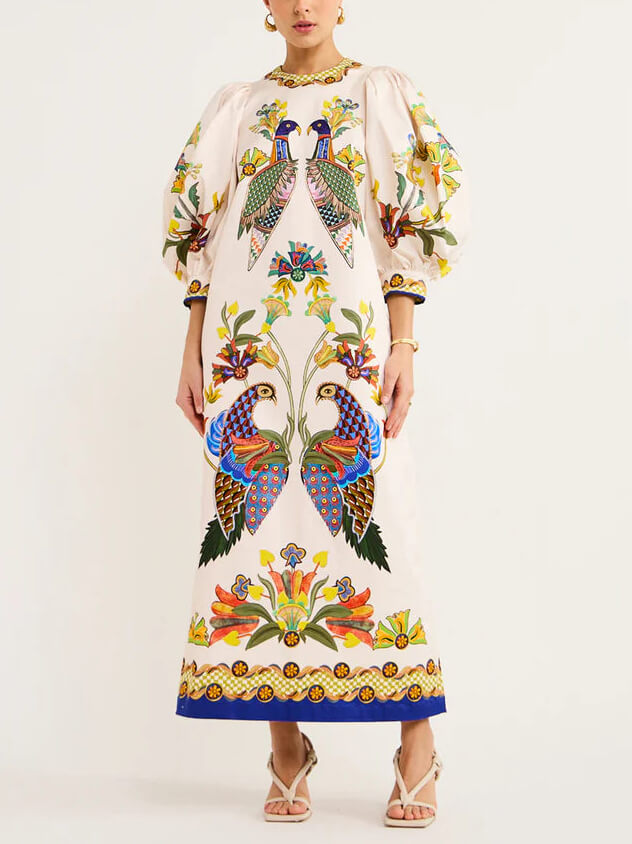 Exquisite And Fun Printed Puff Sleeves Loose Casual Midi Dress